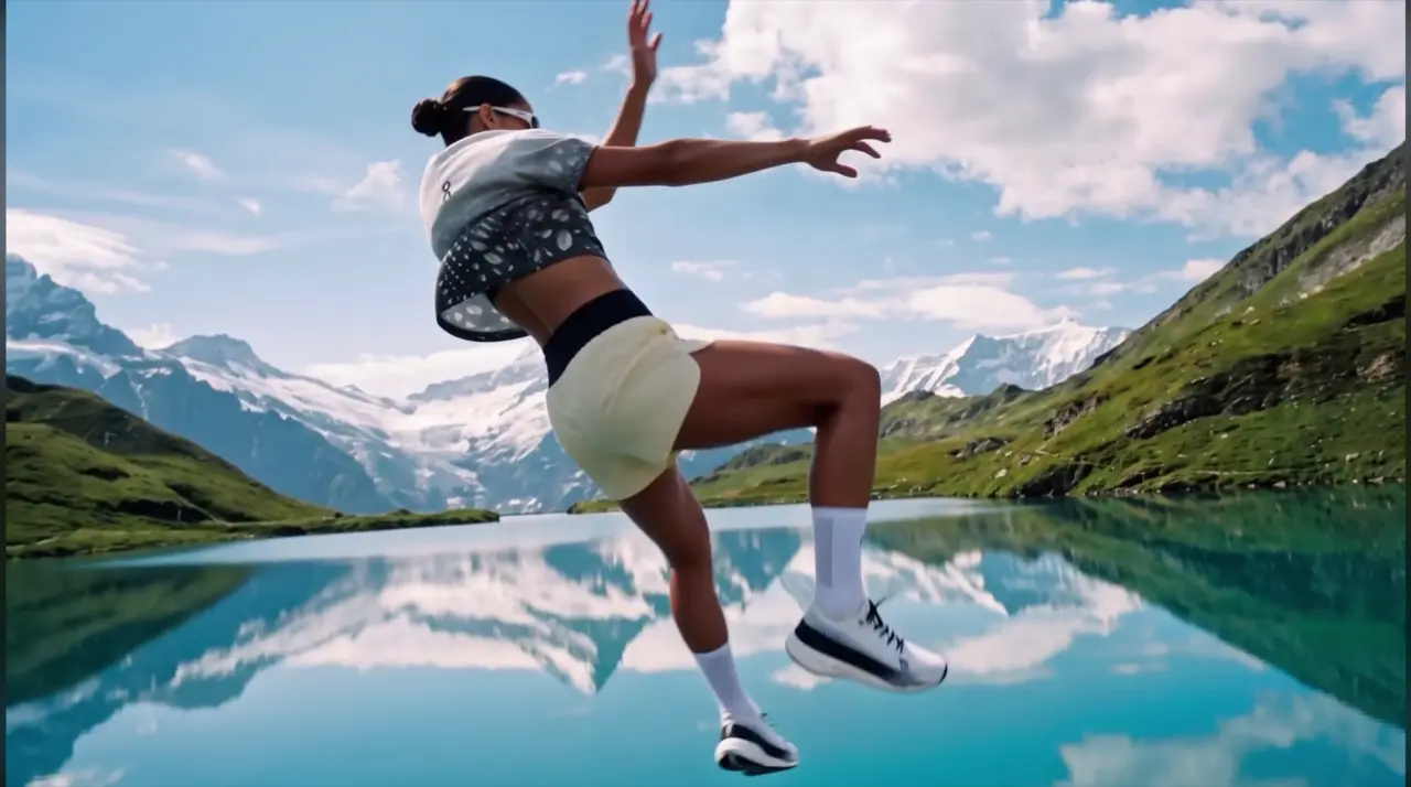 A dancer suspended above a turquoise lake beneath alpine mountains
