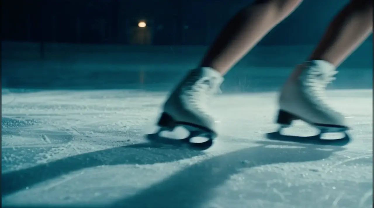 Ice skates cutting across a dramatically lit rink